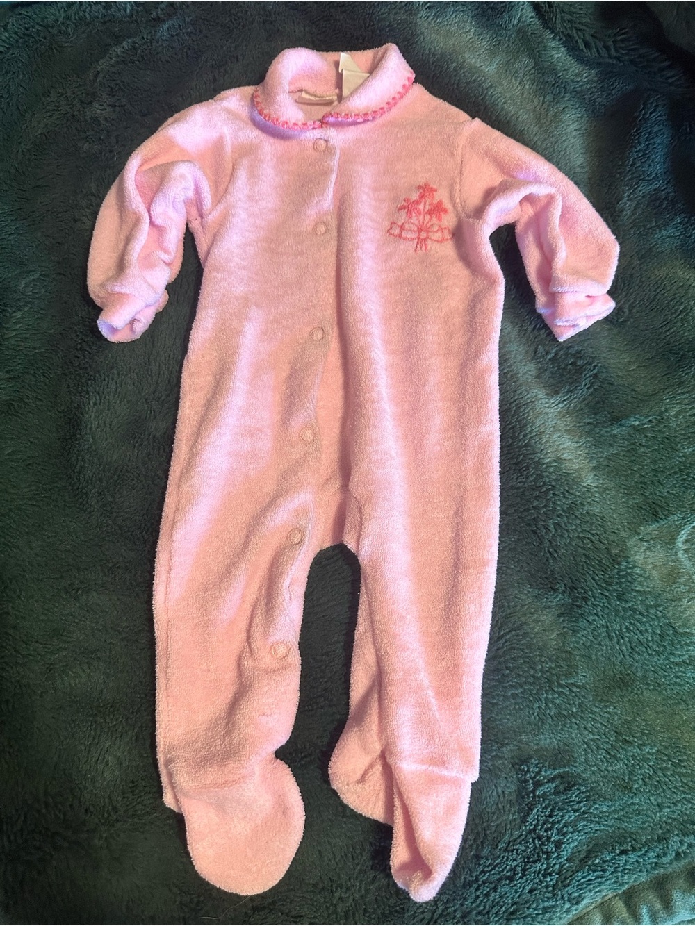 Vintage 80s/90s Carter’s Pink Terry Cloth Footie Sleeper Embroidered Flowers Bow
